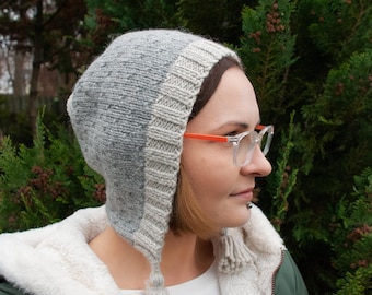 Grey wool winter knitted bonnet hood hat, earflap beanie hat
