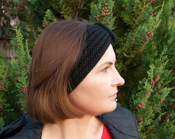 Hand Knit Knotted Earwarmer Headband: wide winter wool turban headwrap