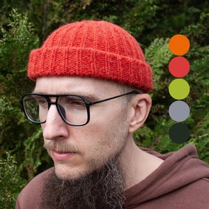 EXTRA SHORT Fisherman ribbed beanie, docker cap, trawler beanie. Fitted brimless wool cap