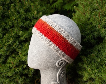 Warm wide winter wool knitted head wrap headband, Red-Orange Gray Head band