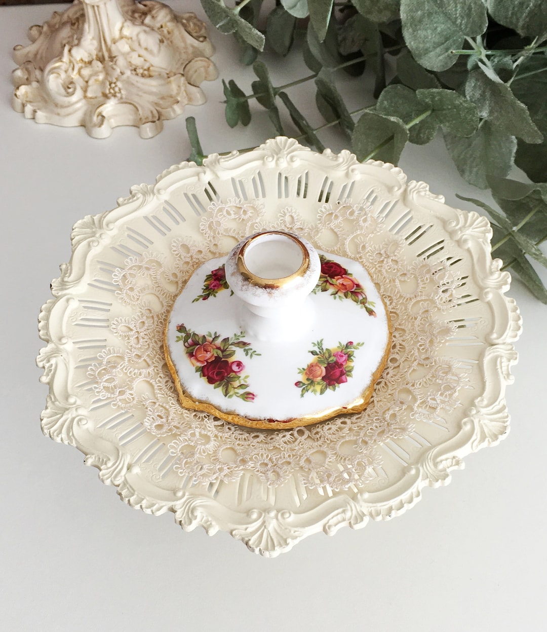 Vintage Royal Albert Old Country Roses Candle Holder Pedestal Metal