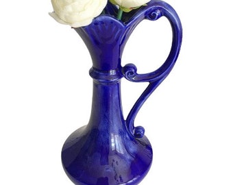 Vintage Ceramic Cobalt Blue Bud Vase with Handle