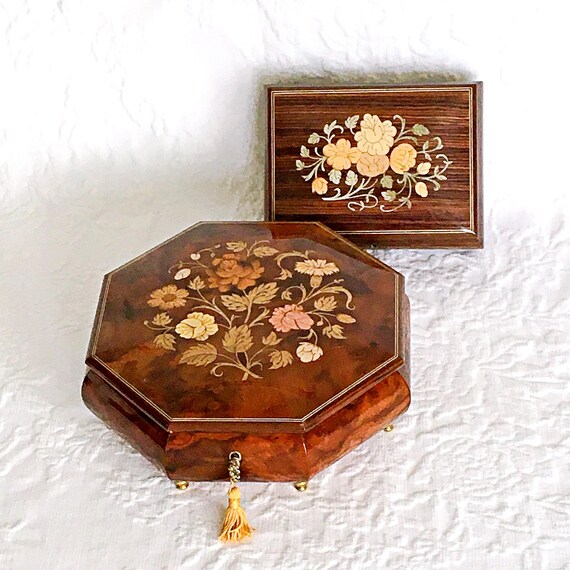 Italian Inlaid Wood Music Jewelry Box – Vintage Musical Keepsake Box