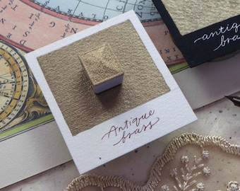 Antique Brass - SHIMMER Color Calligraphy Solid Ink - Single Half Pan of Handmade Metallic Watercolor