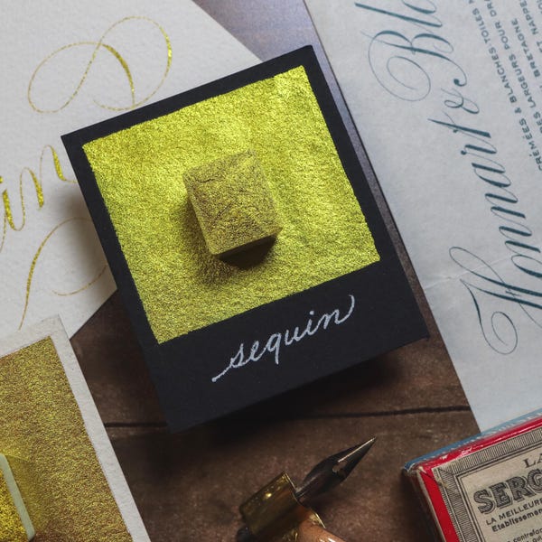 Lentejuela - Color SHIMMER para caligrafía - Tinta sólida - Media pastilla de acuarela metálica hecha a mano