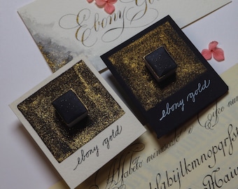 Ebony Gold - SHIMMER Color for Calligraphy - Solid Ink - Single Half Pan of Handmade Metallic Watercolor