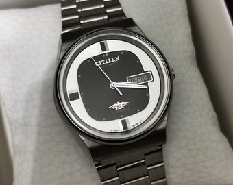 Vintage Citizen Automatic Watch, Black & White Dial, Stainless Steel Bracelet