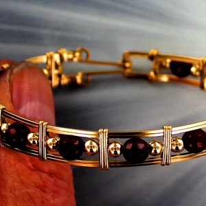 Red Ruby Gemstone Bracelet   - 14kt Rolled Gold -- size  6 to 8 -  Wire Wrapped - Bangle bracelet-   Gemstone Bracelet