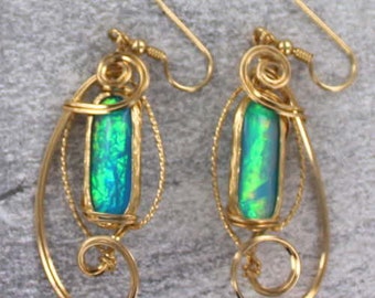 Opal  Earrings  - 14kt Rolled Gold  Settings -Lab Created  Gift For Her