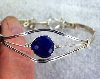 Lapis Lazuli Gemstone Bracelet in  Sterling Silver  size  6 to 8  Wire Wrapped, Bangle bracelet, gemstone bracelet