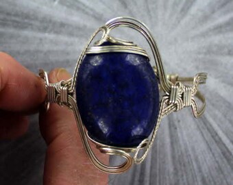 Lapis Lazuli Gemstone Bracelet in  Sterling Silver  size  6 to 8  Wire Wrapped, Bangle bracelet, gemstone bracelet