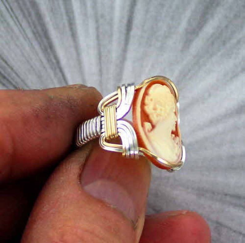 ---- Vintage Shell Cameo Ring In Sterling Silver and 14kt Rolled Gold Wire Wrapped Sizes 5 to 15 cameo jewelry