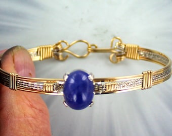 Tanzanite   Gemstone Bracelet -  Sterling Silver  and 14kt Rolled Gold - size  6 to 8 -  Wire Wrapped - Bangle bracelet-   Gemstone Bracelet