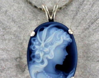 Agate Cameo Pendant  in Sterling Silver - ---Carved in Germany --- Beautiful Lady