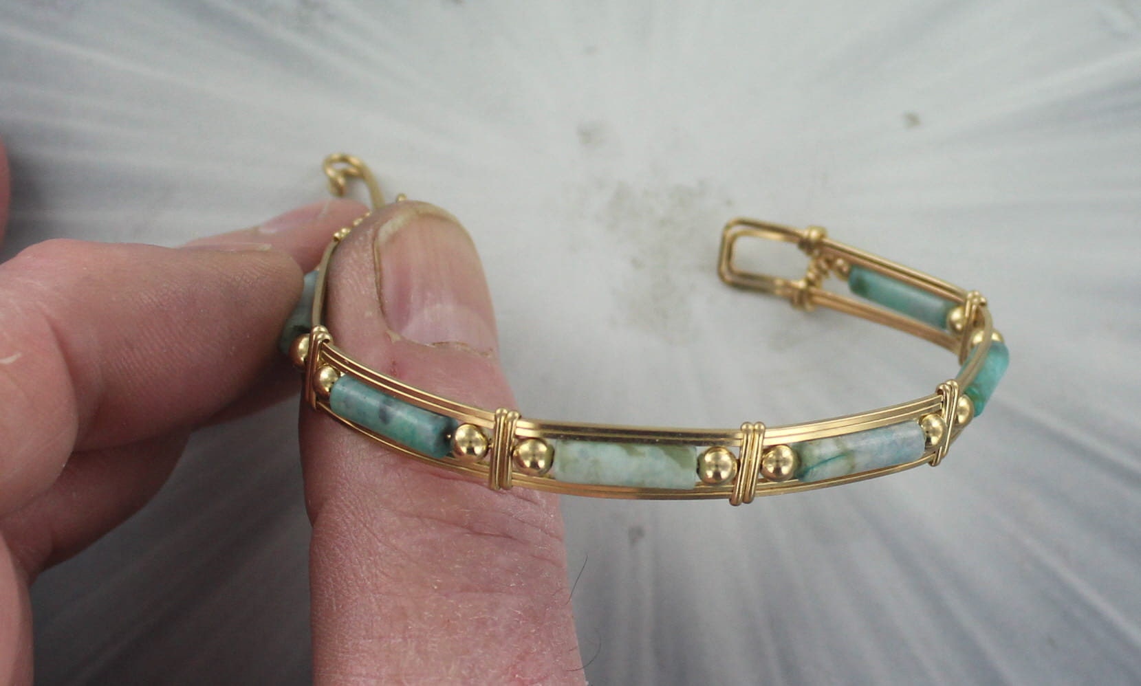 Sleeping Beauty Turquoise  Gemstone Bracelet - 14KT.  Rolled Gold  -  Size  6 to 8  - Wire Wrapped - Bangle Bracelet - Gemstone bracelet
