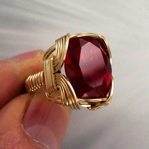 Lab Created Ruby Ring -  14kt Rolled Gold-  Made To Fit -  Size 5 To 15 - Wire Wrapped - Gift For Her