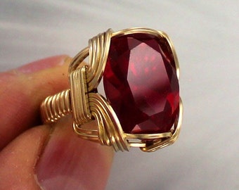 Lab Created Ruby Ring -  14kt Rolled Gold-  Made To Fit -  Size 5 To 15 - Wire Wrapped - Gift For Her