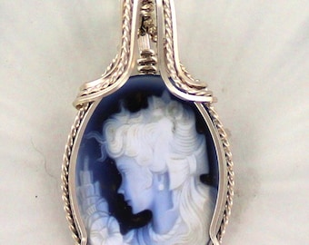 Agate Cameo Pendant  in Sterling Silver - ---Carved in Germany --- Beautiful Lady