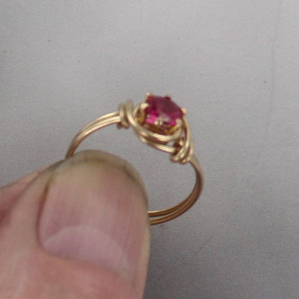 Lab Created Ruby Ring -  14kt Rolled Gold-  Size 5 TO 15 - Wire Wrapped - Gift For Her