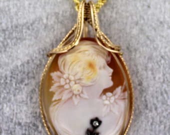 Vintage Antique Diamond Cameo Pendant Necklace - Shell -  14KT Rolled Gold  Setting --  Wire Wrapped- Gift For Her