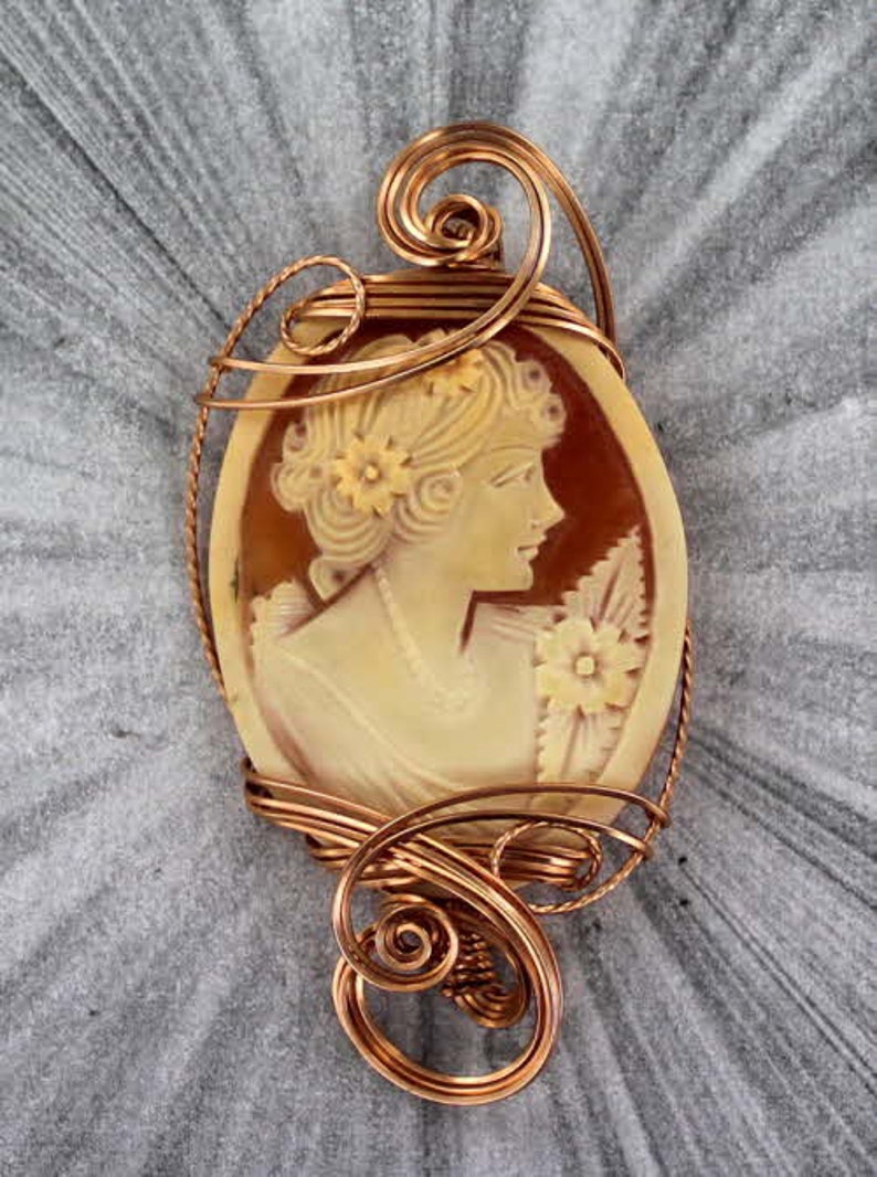 ----Wire Wrapped Necklace Vintage Shell Cameo Pendant Carved in Italy in 14kt.Rose Gold Filled