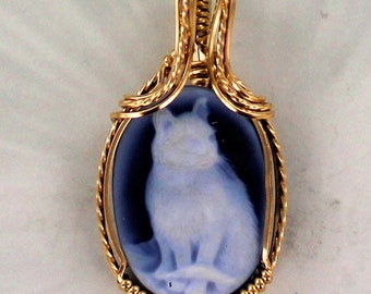 Blue Agate  Cameo  Necklace -  14kt Rolled Gold - Carved In Germany - Cat Cameo - Gift For Her- 18x25 - With Chain