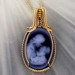 Blue Agate  Cameo  Necklace -  14kt Rolled Gold  - Gift For Her- 18x25 MM- With Chain