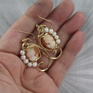 Antique Shell Cameo Pendant and Earrings Carved in Italy in 14kt. Rolled Gold wire wrapped Cameo Jewelry With Pearls image 3