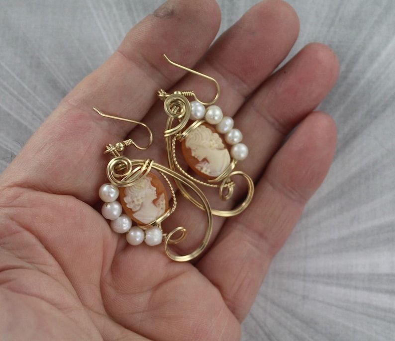 Antique Shell Cameo Pendant and Earrings Carved in Italy in 14kt. Rolled Gold wire wrapped Cameo Jewelry With Pearls image 3