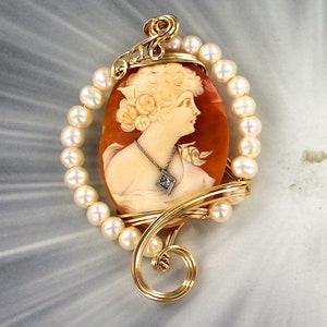 Large Vintage Antique Shell Diamond Cameo Pendant Necklace  Carved  -  in 14kt. Rolled Gold   -----Wire Wrapped