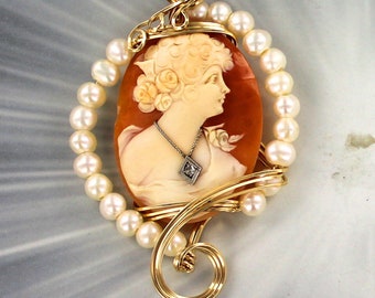 Large Vintage Antique Shell Diamond Cameo Pendant Necklace  Carved  -  in 14kt. Rolled Gold   -----Wire Wrapped