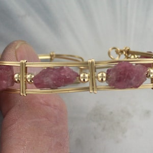 Red Ruby Gemstone Bracelet -Raw Nuggets -   - 14kt Rolled Gold -- size  6 to 8 -  Wire Wrapped - Bangle bracelet-   Gemstone Bracelett