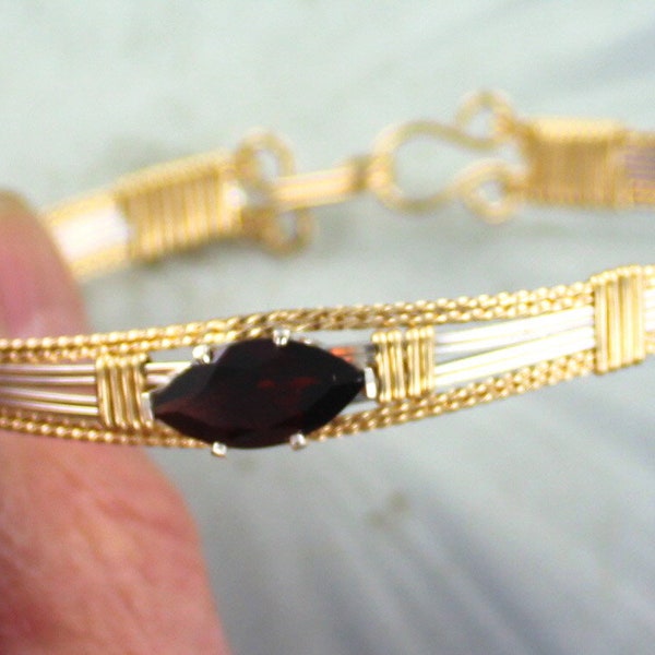 Garnet    Gemstone Bracelet in  14kt. Rolled Gold  -  Size 5 to 8 -  Wire Wrapped, Bangle bracelet,