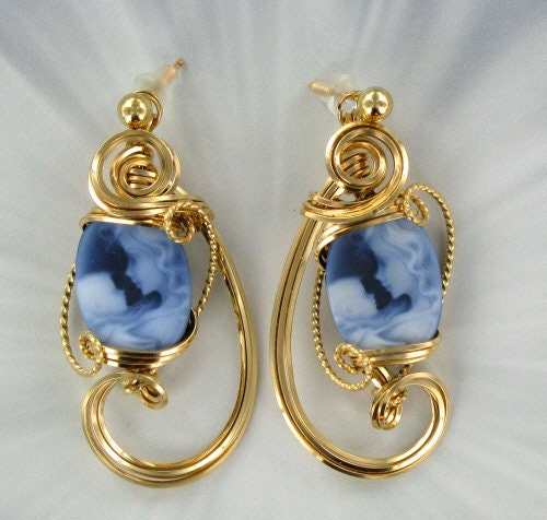 Blue Agate Cameo Earrings Carved in Germany in 14kt Rolled Gold