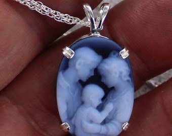 Blue Agate Cameo Pendant  In Sterling Silver - - With Chain -Carved In Germany --- Beautiful Lady With Child And Husband