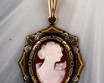 Vintage Antique Shell Cameo Pendant -   Carved in Italy  in Brass
