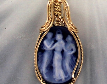 Blue Agate  Cameo  Necklace - The 3 Graces -  14kt Rolled Gold  - Gift For Her- 18x25 MM- With Chain