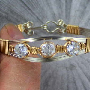 Silver and Gold - lab Created  Diamond Bracelet, cuff bracelet 14kt Rolled Gold and Sterling Silver lOOKS LIKE DIAMONDS!!