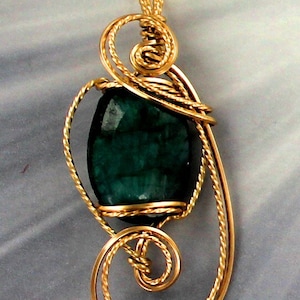 Emerald  Pendant - 14kt. Rolled Gold -  Wire Wrapped- Gift for her- Emerald Jewelry