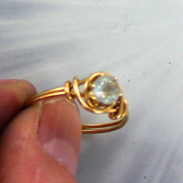 Aquamarine  Ring -  14kt Rolled Gold  ---- -- Made To Fit ------ Size 5 To 15 -  Wire Wrapped - March  Birthstone