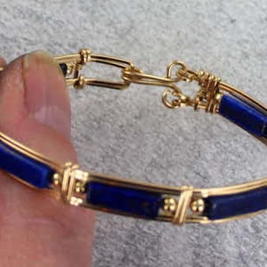 Lapis Lazuli  Bracelet - 14kt Rolled Gold -  Size  6 to 8  - Wire Wrapped - Bangle Bracelet - Gemstone bracelet
