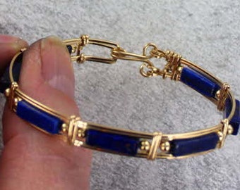 Lapis Lazuli  Bracelet - 14kt Rolled Gold -  Size  6 to 8  - Wire Wrapped - Bangle Bracelet - Gemstone bracelet