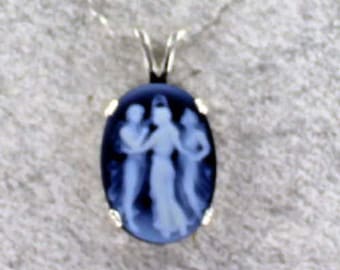 Blue Agate Cameo Necklace  in Sterling Silver - ---Carved in Germany --- 3 Graces - Gift For Her