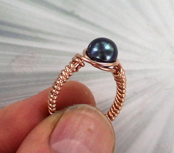 Black Pearl Ring in 14kt Rolled Rose Gold Wire Wrapped Cultured