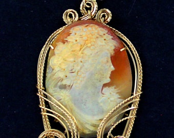 Cameo  Necklace  In 14kt Rolled Gold,  Wire Wrapped, Hand Carved Cameo - Gift For Her