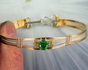 Emerald  Gemstone Bracelet in  Sterling Silver  And 14kt Rolled Gold - -  Size 5 to 8 -  Wire Wrapped, Bangle bracelet,