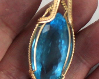 Large Blue  Topaz Gemstone Pendant -  70 carats - Wire Wrapped - 14kt Rolled Gold  -  Gift for her