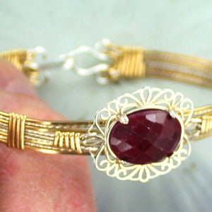 Genuine Red Ruby Gemstone Bracelet - Ruby Bracelet - Sterling Silver and 14kt Rolled Gold