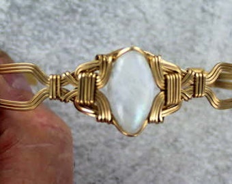 Rainbow Moonstone  Gemstone Bracelet - 14kt Rolled Gold -  Size  6 to 8  - Wire Wrapped - Bangle Bracelet - Gemstone bracelet