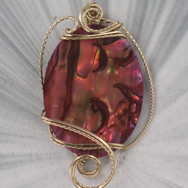 Hot Pink  Paua Shell Pendant   in 14kt Rolled Gold  Settings,   Gift For Her - Wire Wrapped